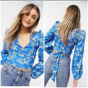 ASOS DESIGN wrap top w/ long volume sleeve in ditsy print blue floral US 2